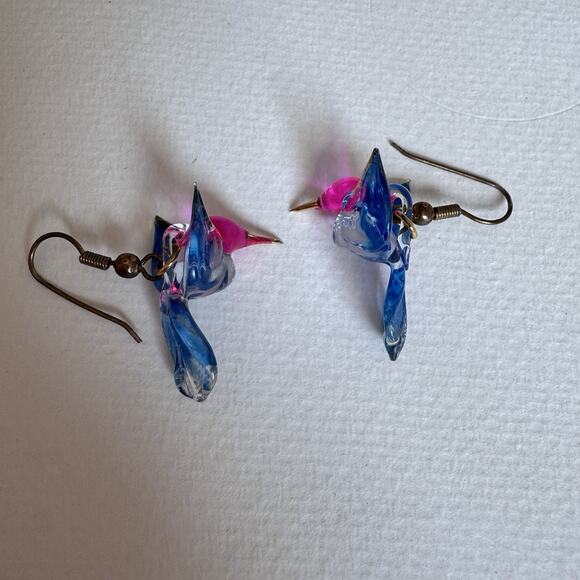 Artisan Blown Glass Blue Pink Hummingbird Earrings gold tone Hardware - Picture 1 of 6